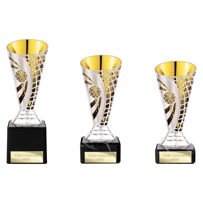 DEFENDER SILVER / YELLOW PLASTIC BUDGET FOOTBALL CUPS  - AVAILABLE IN 3 SIZES (14CM - 17CM)